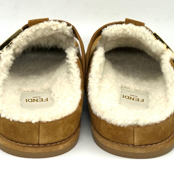 FENDI Feel FF Shearling  Buckled Sabots Mules Slides Flat Clog Sandals - Picture 11 of 16
